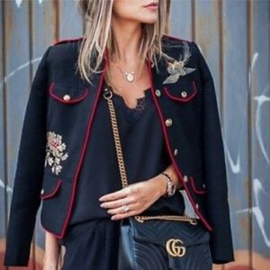 Zara Embroidered Black Wool Military Jacket